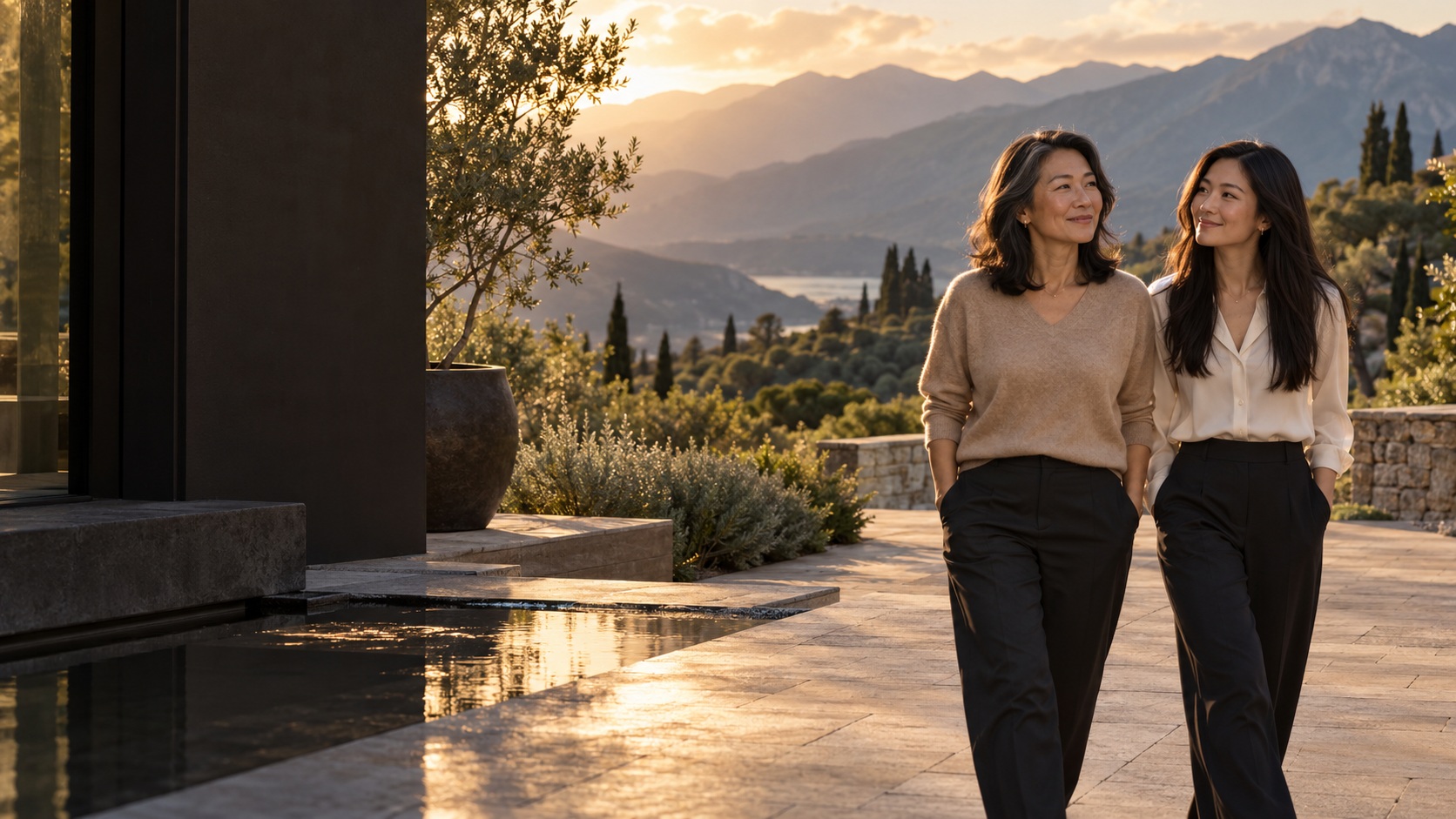 The woman and her adult daughter enjoying an ordinary moment in a mountain garden.
