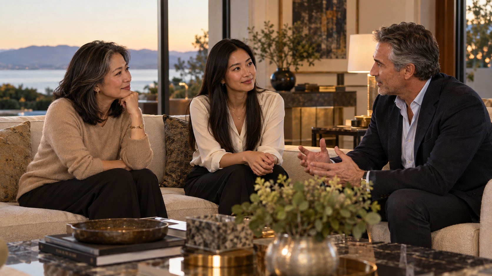 The woman, her daughter and a trusted advisor in relaxed private conversation.