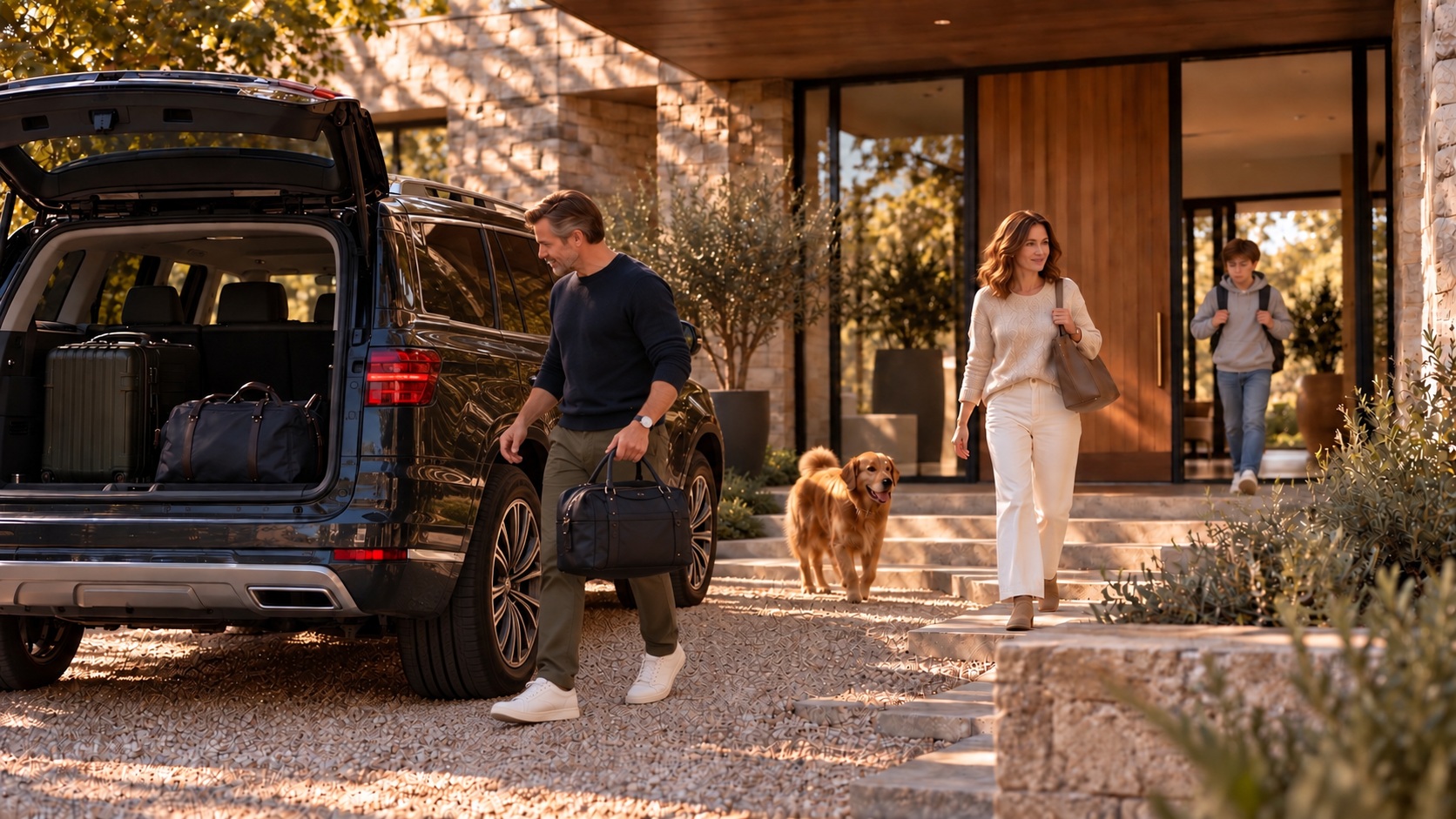 The same family preparing to leave home and load their vehicle.