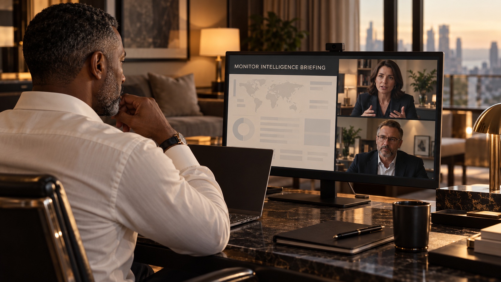 The MONITOR client in a private video intelligence briefing with a specialist and trusted advisor.