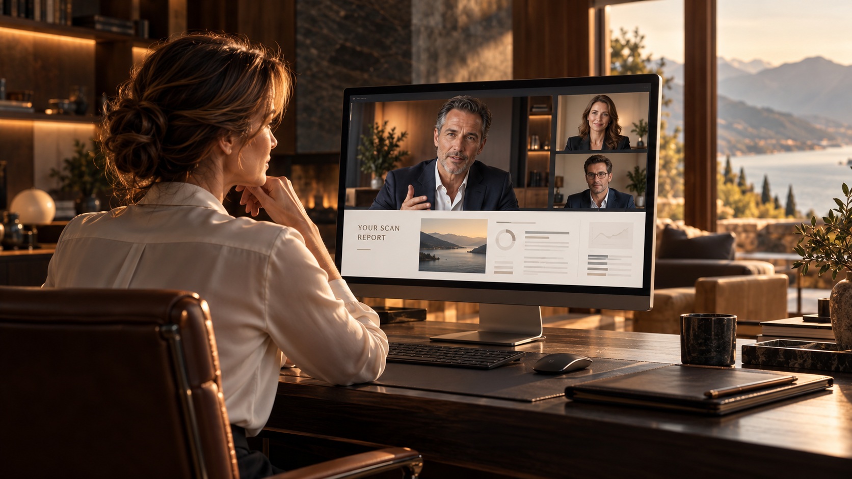 A client reviewing her SCAN report by private video conference with her wealth advisor and HARDTARGET specialists.