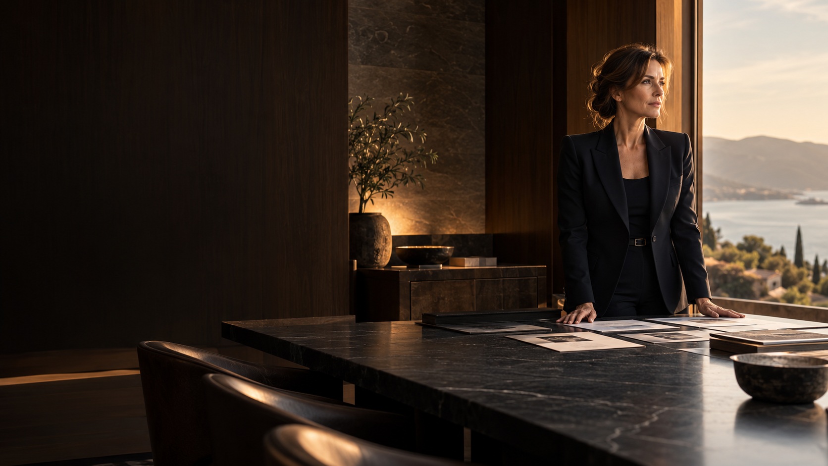 An intelligence professional reviewing discreet research materials in a refined private workspace.